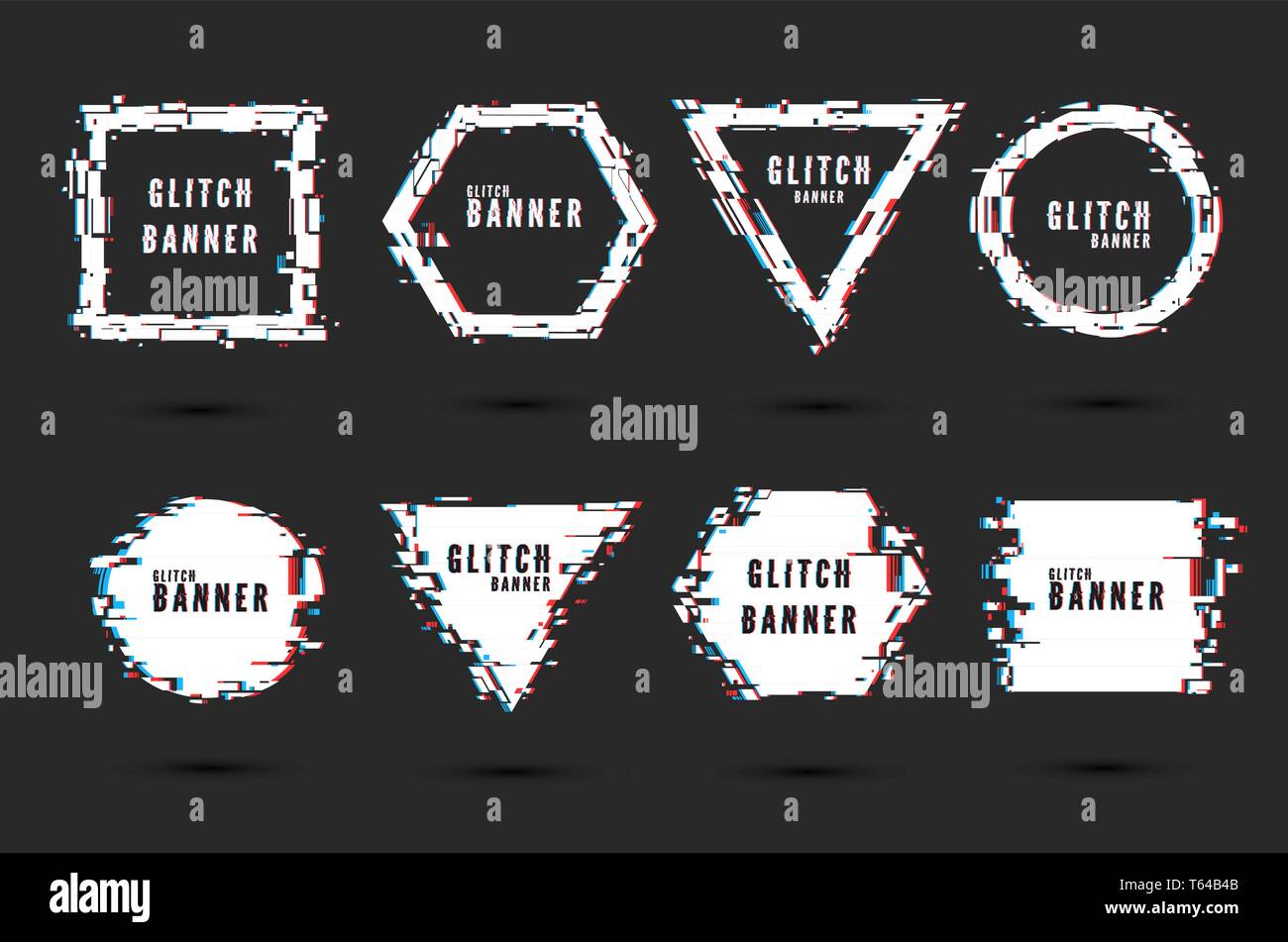 Set of frames and banners with glitch effect. Digital broken signal. Hipster design elements in a modern style. Vector illustration Stock Vector