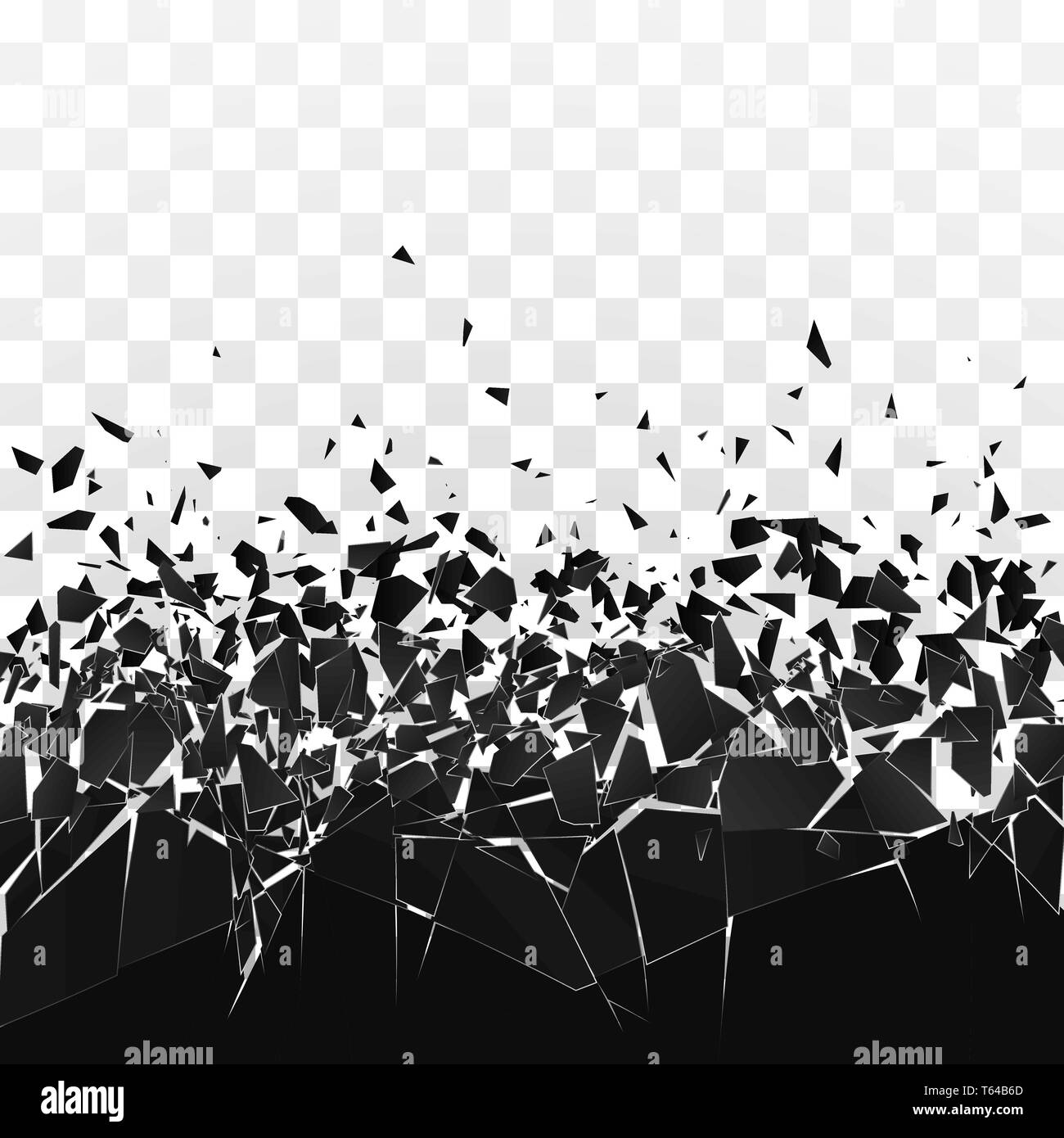 Abstract cloud of pieces and fragments after wall explosion. Shatter and destruction effect. Vector illustration on transparent background Stock Vector