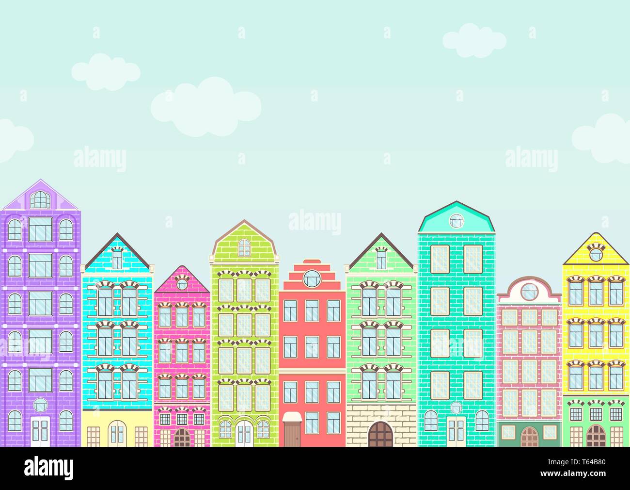 Seamless border with colorful houses, urban landscape, city background. Cute multicolored bright European brick houses stand in row with blue sky and  Stock Vector