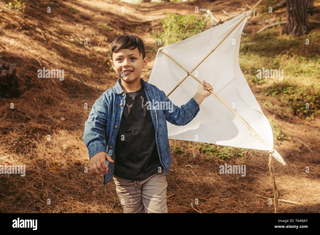 Cute boy running outdoors with a hand made kite. Child playing with a kite in forest. Stock Photo