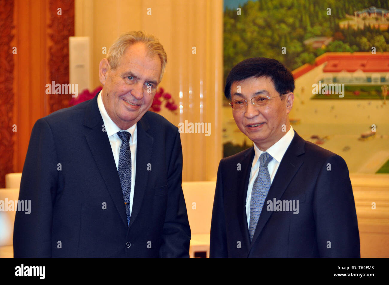 Beijing, China. 28th Apr, 2019. Czech Republic's President Milos Zeman  (left) meets with Chinese politician Wang