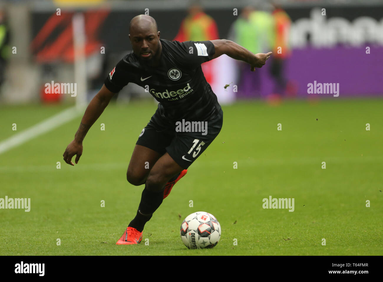 27 April 2019, Hessen, Frankfurt/M.: Soccer: Bundesliga, Eintracht Frankfurt - Hertha BSC, 31st matchday in the Commerzbank Arena. The Frankfurt Jetro Willems. Photo: Thomas Frey/dpa - IMPORTANT NOTE: In accordance with the requirements of the DFL Deutsche Fußball Liga or the DFB Deutscher Fußball-Bund, it is prohibited to use or have used photographs taken in the stadium and/or the match in the form of sequence images and/or video-like photo sequences. Stock Photo
