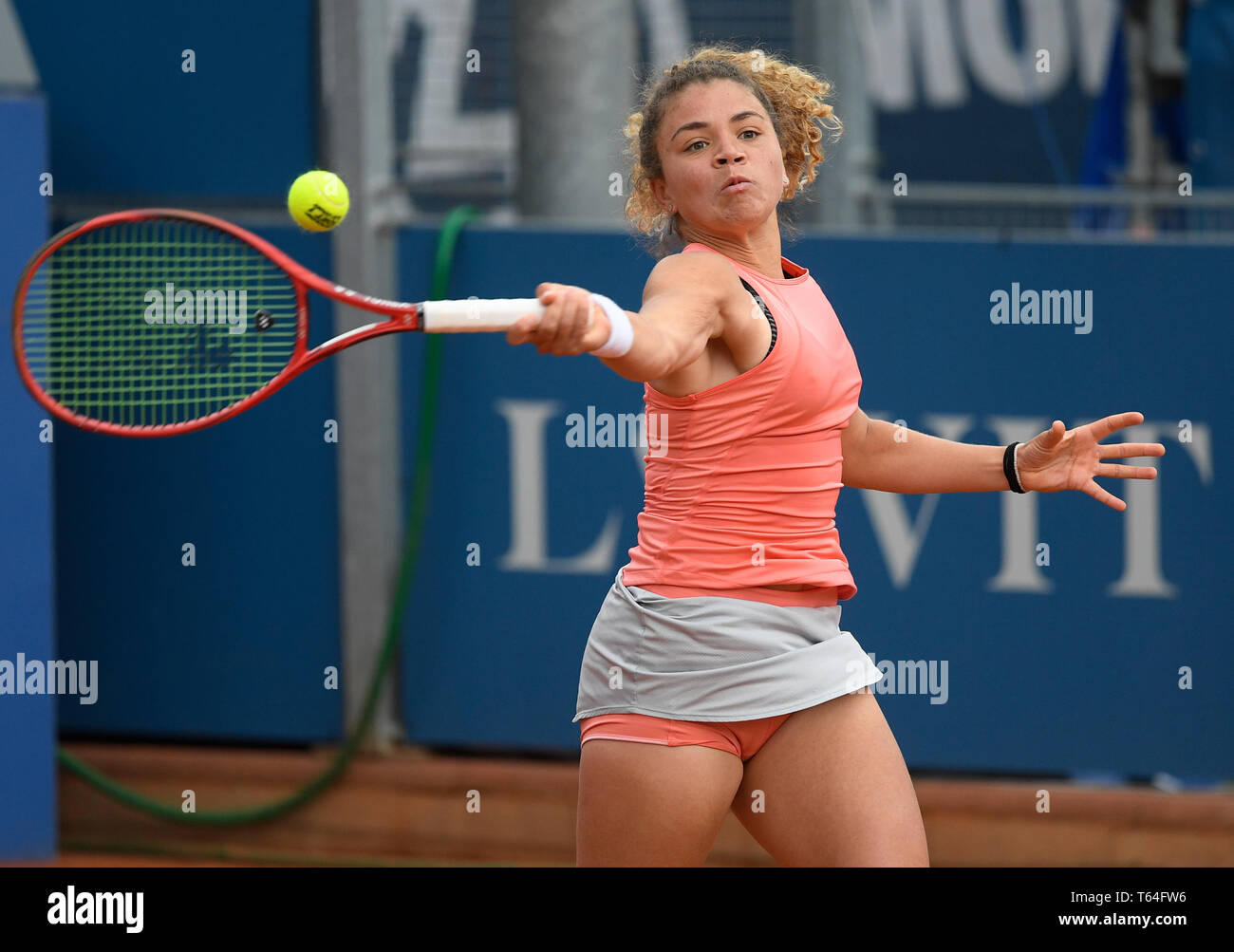 Prague, Czech Republic. 28th Apr, 2019. Tennis player Jasmine Paolini  (Italy) in action during a qualifying match against Tereza Smitkova (Czech)  within the J&T Banka Prague Open, on April 28, 2019, in