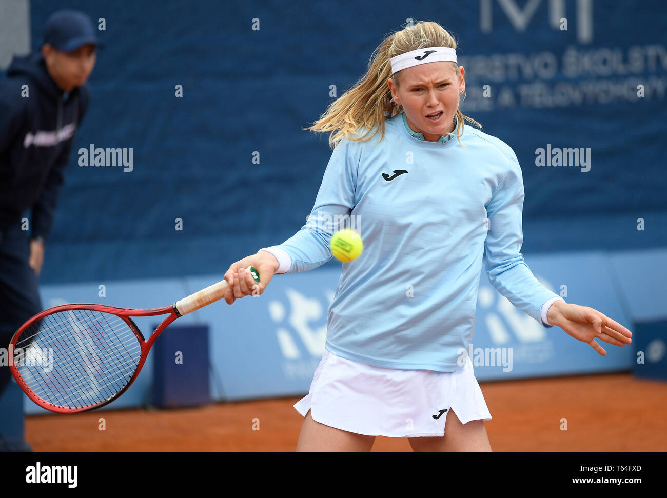 Prague, Czech Republic. 28th Apr, 2019. Tennis player Marie Bouzkova  (Czech) in action during a qualifying match against Raluca Serban (Cyprus)  within the J&T Banka Prague Open, on April 28, 2019, in