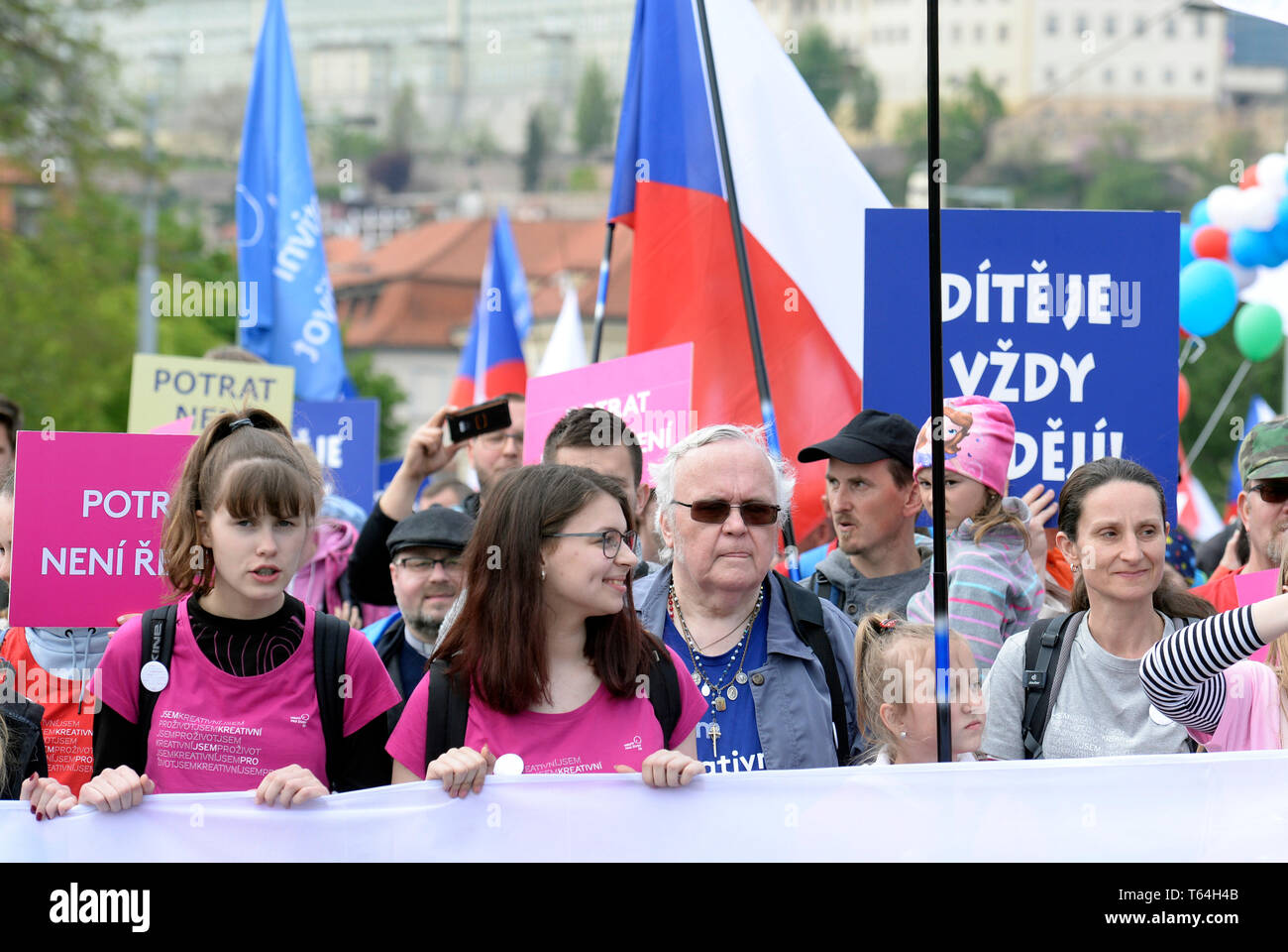 Prague, Czech Republic. 27th Apr, 2019. Some 10,000 people took part in the traditional National March for Life and Family staged by the Movement for Life in the Czech Republic, the organisers said. The police did not comment on the attendance. The pro-life event started with a mass in St Vitus Cathedral at Prague Castle this morning. In the afternoon, its participants met in Klarov, below the Castle, from where they marched to Wenceslas Square. Credit: Katerina Sulova/CTK Photo/Alamy Live News Stock Photo