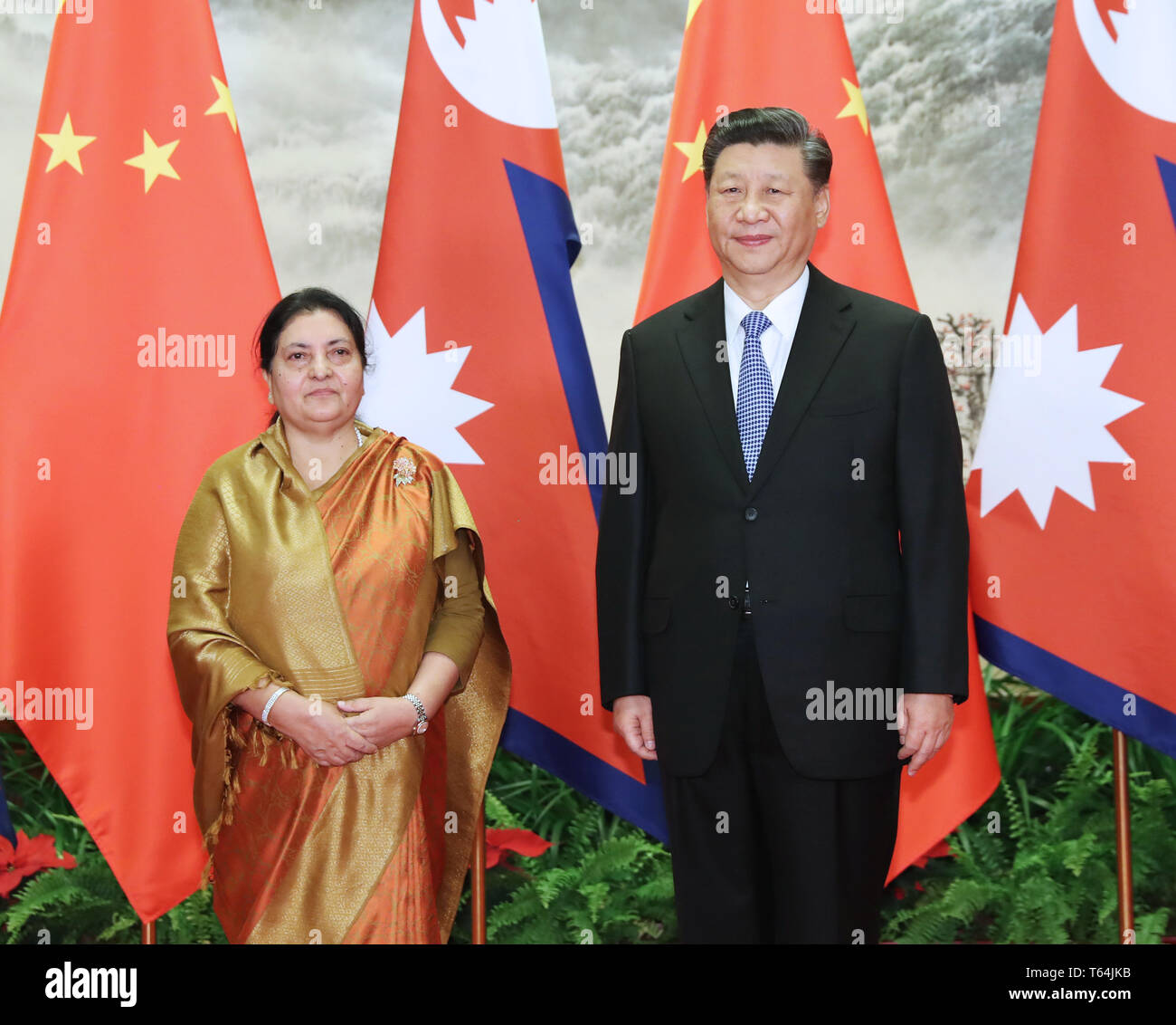 Beijing, China. 29th Apr, 2019. Chinese President Xi Jinping (R) holds talks with Nepalese President Bidhya Devi Bhandari in Beijing, capital of China, April 29, 2019. Credit: Huang Jingwen/Xinhua/Alamy Live News Stock Photo