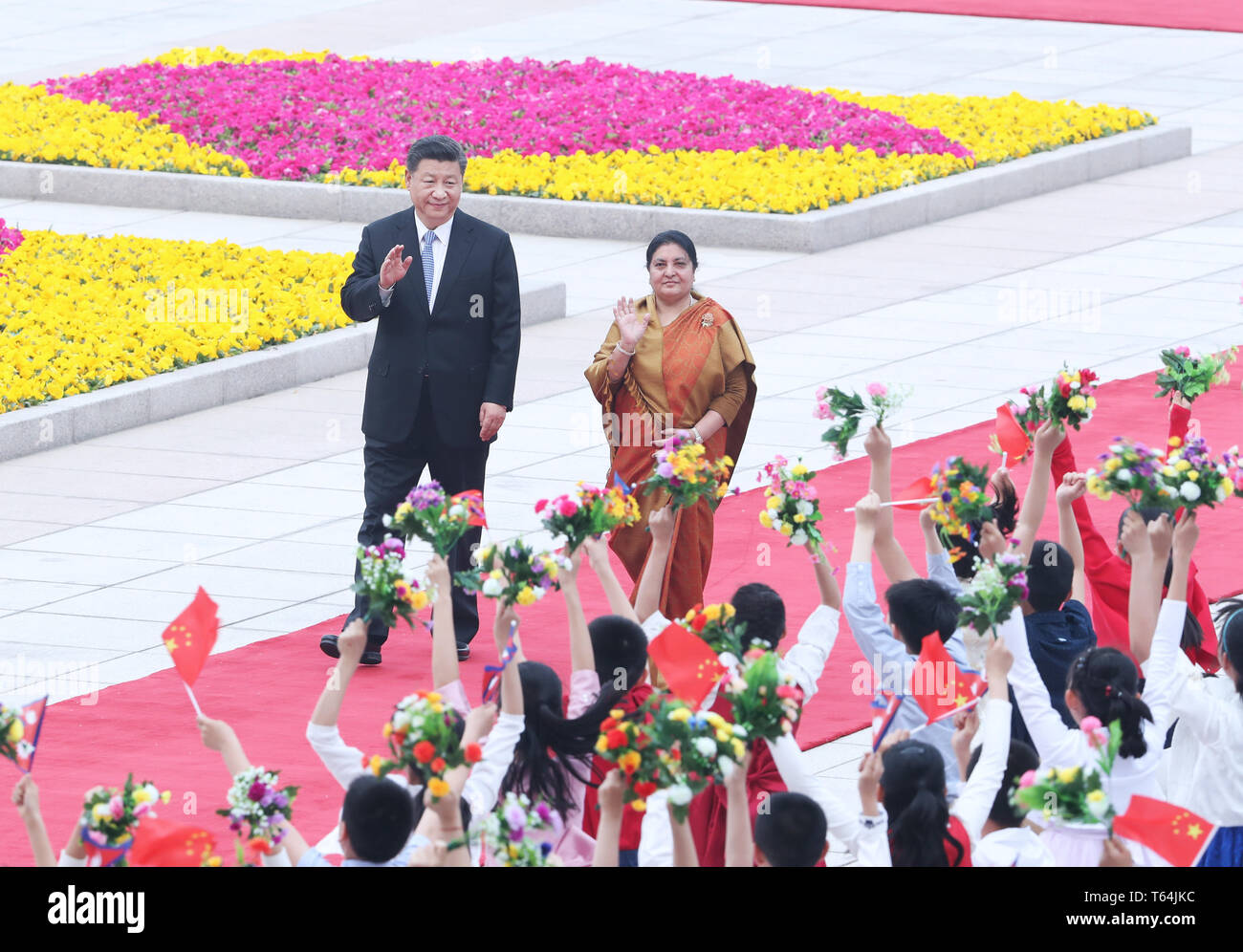 Beijing, China. 29th Apr, 2019. Chinese President Xi Jinping holds a welcoming ceremony for Nepalese President Bidhya Devi Bhandari before their talks in Beijing, capital of China, April 29, 2019. Credit: Huang Jingwen/Xinhua/Alamy Live News Stock Photo