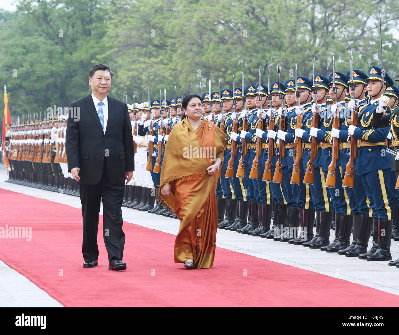 Beijing, China. 29th Apr, 2019. Chinese President Xi Jinping holds a welcoming ceremony for Nepalese President Bidhya Devi Bhandari before their talks in Beijing, capital of China, April 29, 2019. Credit: Zhang Ling/Xinhua/Alamy Live News Stock Photo