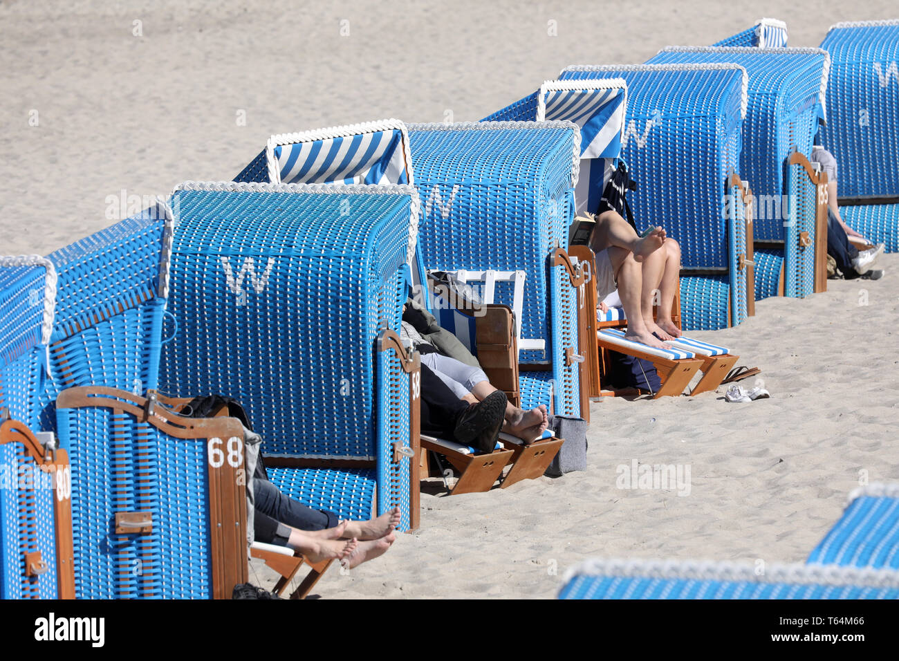 29 April 2019, Mecklenburg-Western Pomerania, Kühlungsborn: Beach chairs are ready andd some are already occupied. Despite a lot of sun, however, it is cool at the Baltic Sea, the strong onshore wind contributes to it. Photo: Bernd Wüstneck/dpa-Zentralbild/dpa Stock Photo