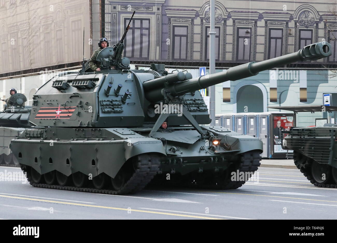 Moscow Russia 29th Apr 19 Moscow Russia April 29 19 A 2s19 Msta S Self Propelled Howitzer Moves Along Tverskaya Street Ahead Of A Rehearsal Of The Military Parade Scheduled For May 9