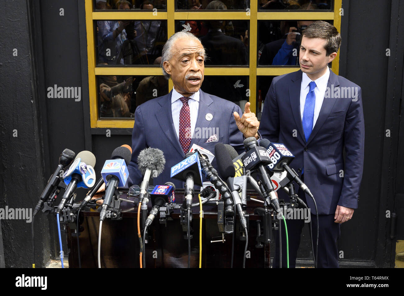 New York, NY, USA. 29th Apr, 2019. Mayor PETE BUTTIGIEG (D) of South Bend, Indiana and Rev. AL SHARPTON at Sylvia's Restaurant in Harlem in New York City on April 29, 2019 Credit: Michael Brochstein/ZUMA Wire/Alamy Live News Stock Photo