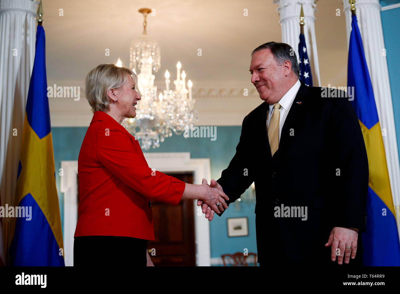 Washington, USA. 29th Apr, 2019. U.S. Secretary of State Mike Pompeo (R) meets with Swedish Foreign Minister Margot Wallstrom at the Department of State in Washington, DC, the United States, on April 29, 2019. Credit: Ting Shen/Xinhua/Alamy Live News Stock Photo