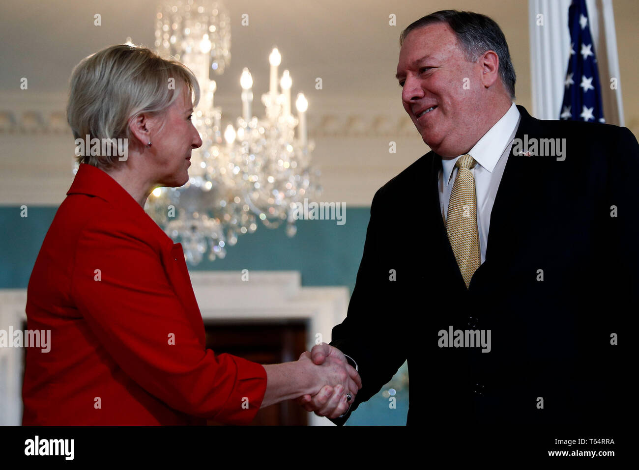 Washington, USA. 29th Apr, 2019. U.S. Secretary of State Mike Pompeo (R) meets with Swedish Foreign Minister Margot Wallstrom at the Department of State in Washington, DC, the United States, on April 29, 2019. Credit: Ting Shen/Xinhua/Alamy Live News Stock Photo
