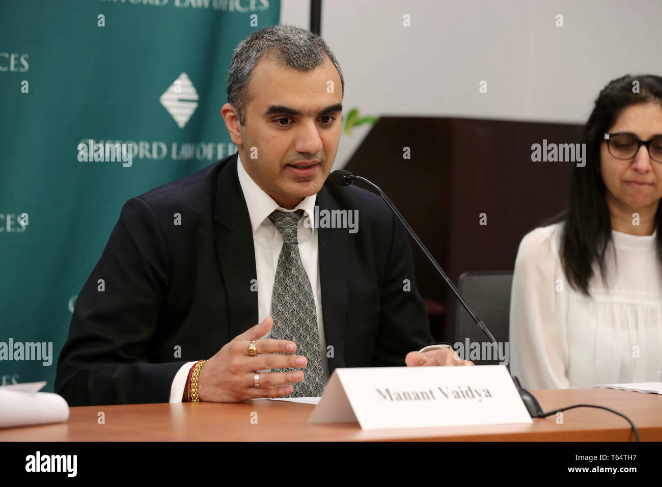 Chicago, USA. 29th Apr, 2019. Plaintiff Manant Vaidya (L), who lost three generations of family members in the crash of the Ethiopian Airlines Flight 302, speaks during a news conference in downtown Chicago, the United States, on April 29, 2019. Two families filed lawsuits against Boeing in Chicago on Monday over the 737 MAX crashes that killed 346 people, the same day when Boeing held its shareholders meeting at the James Simpson Theatre in the Field Museum of Natural History in downtown Chicago. Credit: Wang Ping/Xinhua/Alamy Live News Stock Photo