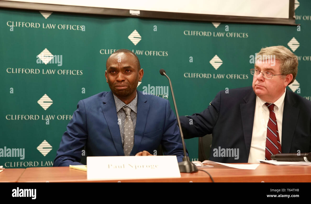 Chicago, USA. 29th Apr, 2019. Plaintiff Paul Njoroge (L), who lost five family members in the crash of the Ethiopian Airlines Flight 302, reacts during a news conference in downtown Chicago, the United States, on April 29, 2019. Two families filed lawsuits against Boeing in Chicago on Monday over the 737 MAX crashes that killed 346 people, the same day when Boeing held its shareholders meeting at the James Simpson Theatre in the Field Museum of Natural History in downtown Chicago. Credit: Wang Ping/Xinhua/Alamy Live News Stock Photo