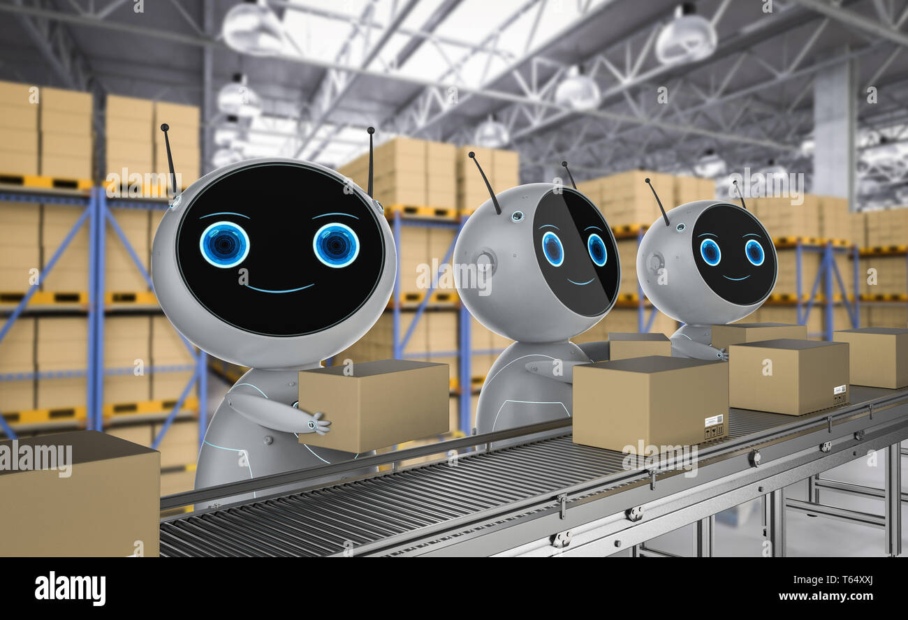 Automatic warehouse concept with 3d rendering automation robot work in ...