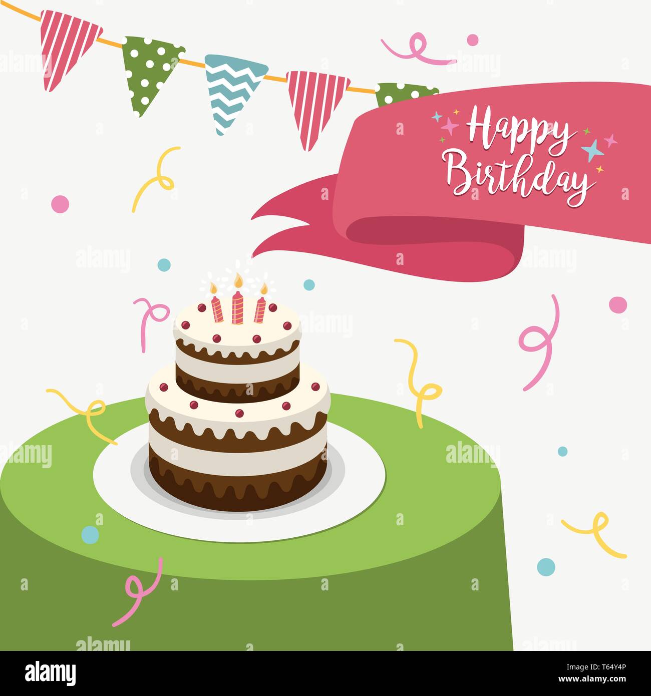 Happy birthday party greeting card with cake and candles. Vector