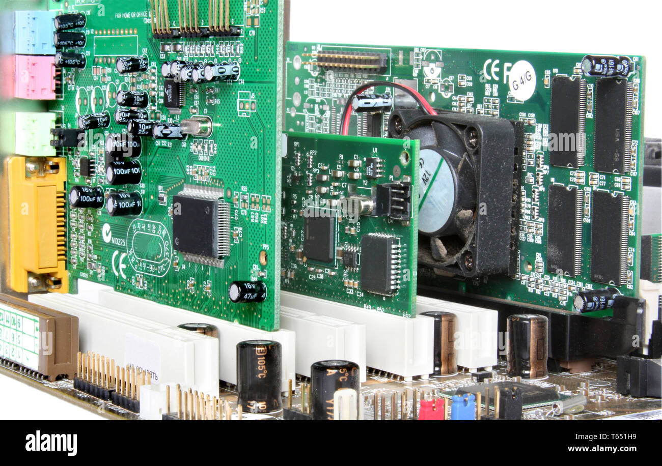 Computer Hardware. Motherboard with video card, sound card Stock Photo