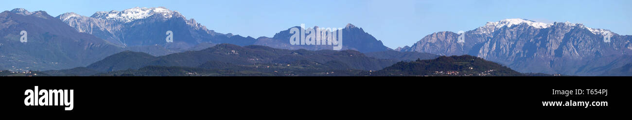 Panoramic view of Italian Mountains in Veneto Region called Piccole Dolomiti and the Pasubio Mount Stock Photo