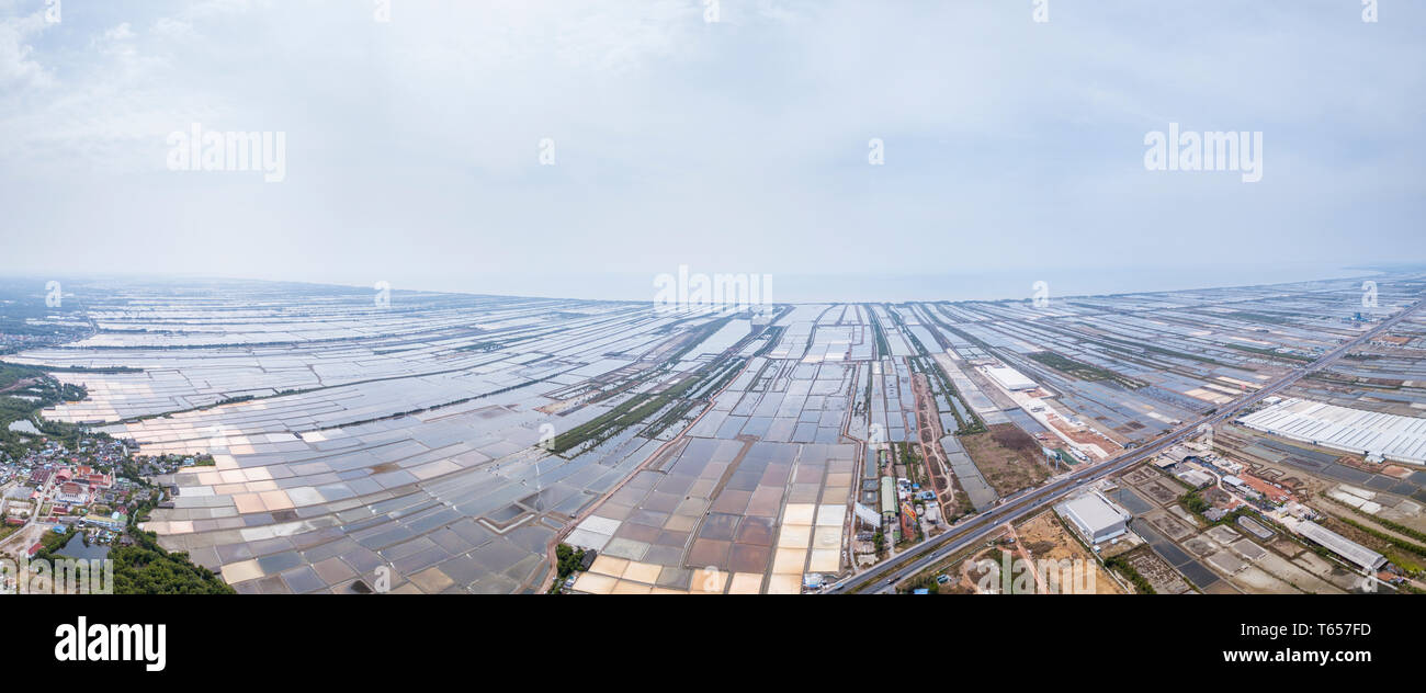 Aerial view panorama of Salt farming in Samutsakhon province, Thailand. Stock Photo