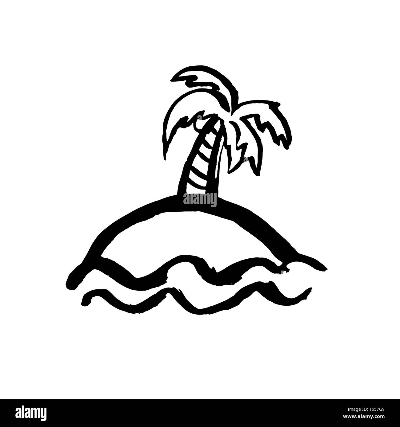 Palm tree on island icon. Vector dry brush illustration. Stock Vector