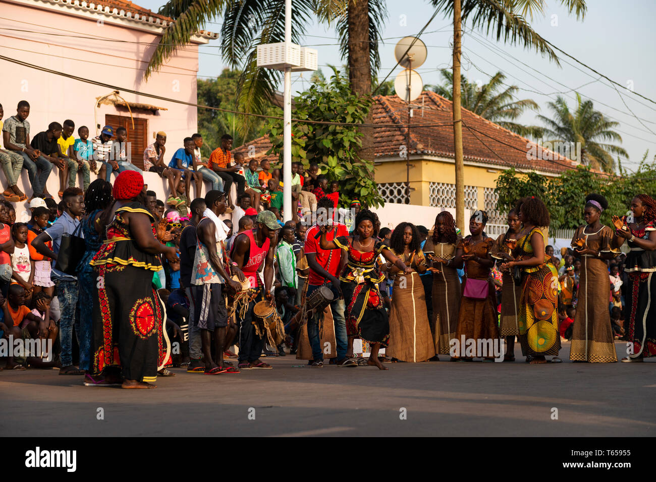 Bissau, Republic of Guinea-Bissau - February 12, 2018: Group of people performing during the Carnival Celebrations in the city of Bisssau. Stock Photo
