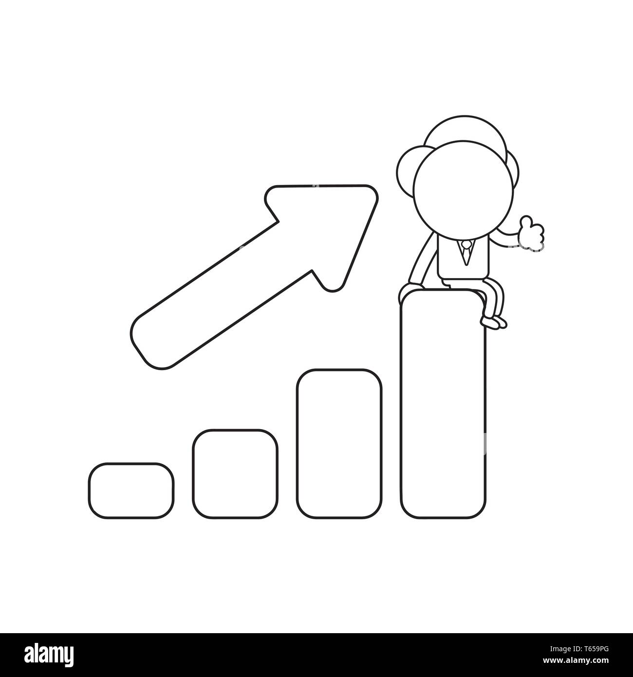 Vector illustration businessman character sitting on sales bar graph moving up and gesturing thumbs up. Black outline. Stock Vector