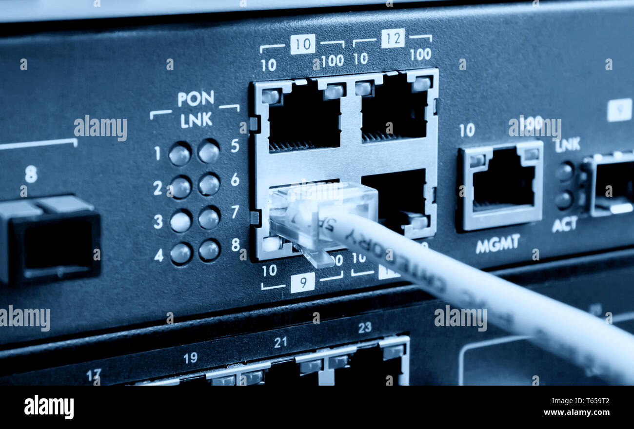 PON RJ-45 connection in technology center Stock Photo
