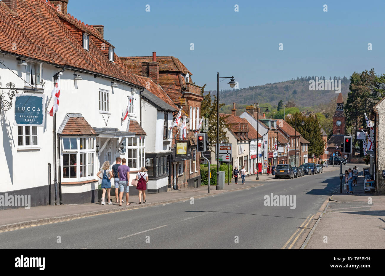 Wendover, Buckinghamshire, England, UK. April 2019. High Street, Wendover in The Chiltern Hills area. A market town with Clock Tower dating from 1842. Stock Photo