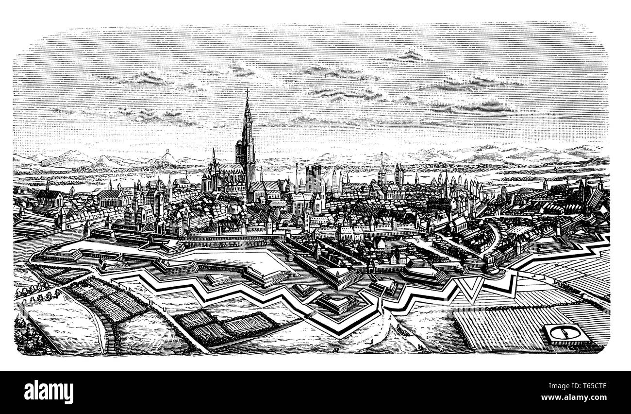 Strasbourg in the 17th century from the north side. According to Merian, Stock Photo