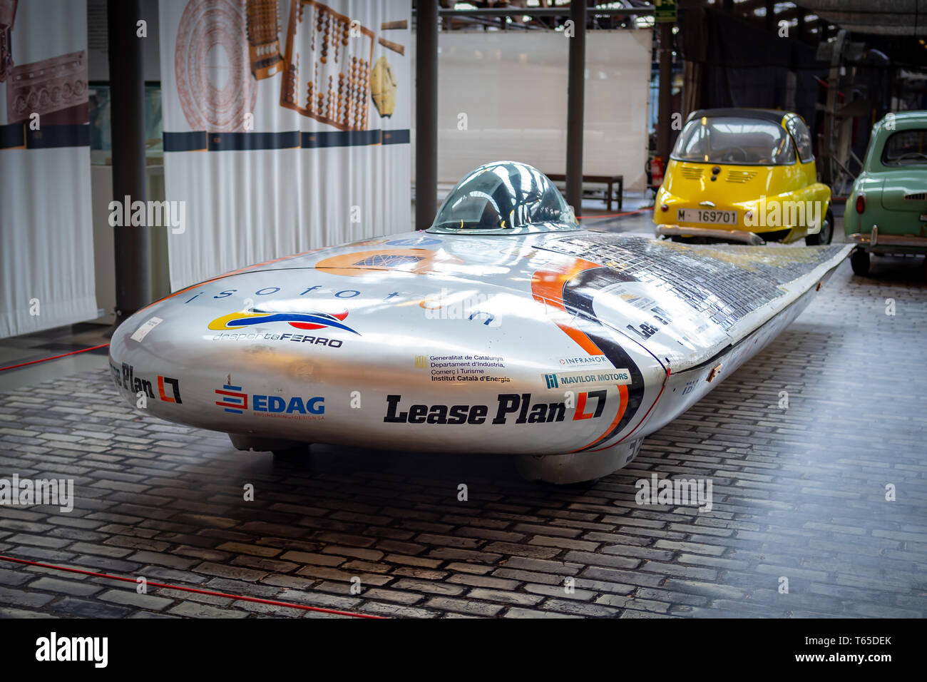 TERRASSA, SPAIN-MARCH 19, 2019: 1998 Despertaferro solar-powered car in the National Museum of Science and Technology of Catalonia Stock Photo