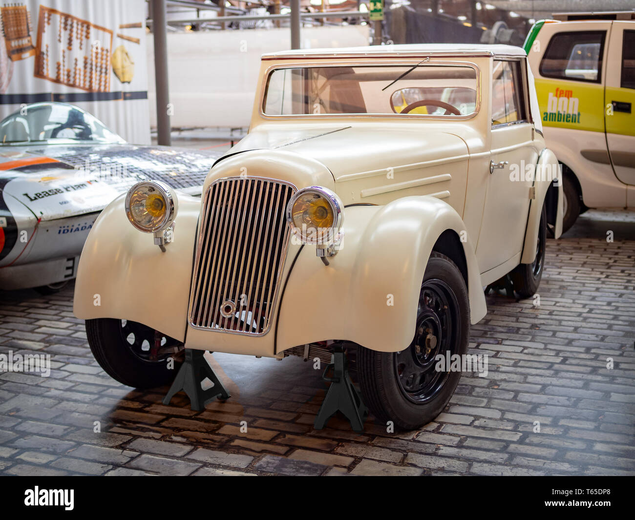 TERRASSA, SPAIN-MARCH 19, 2019: 1943 Aymerich Fabrica de Automoviles (AFA) automobile in the National Museum of Science and Technology of Catalonia Stock Photo