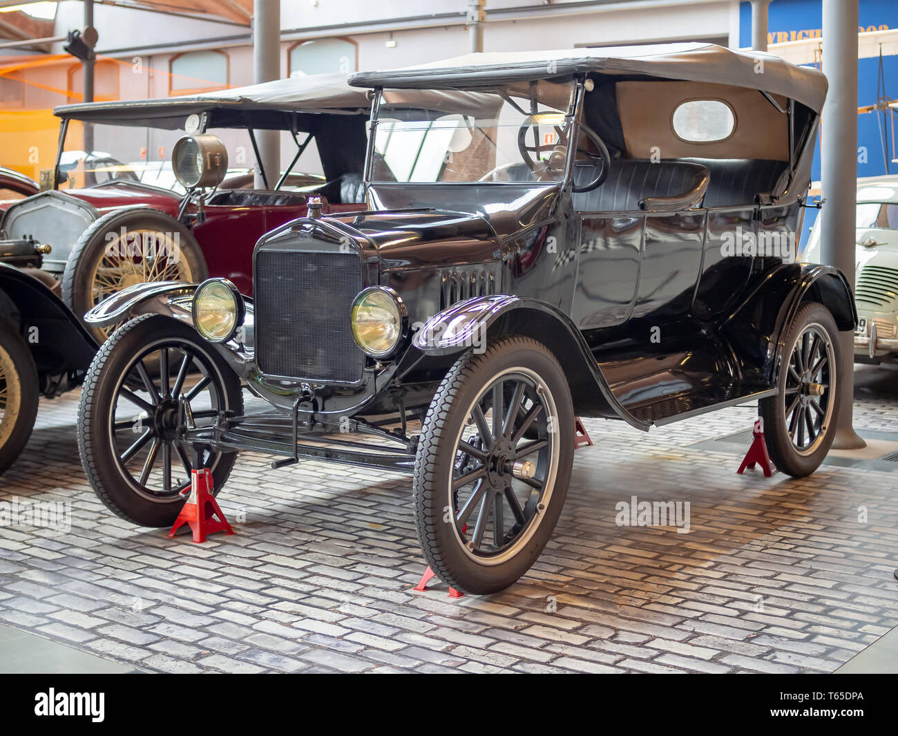 TERRASSA, SPAIN-MARCH 19, 2019: 1923 Ford Model T Touring in the National Museum of Science and Technology of Catalonia Stock Photo
