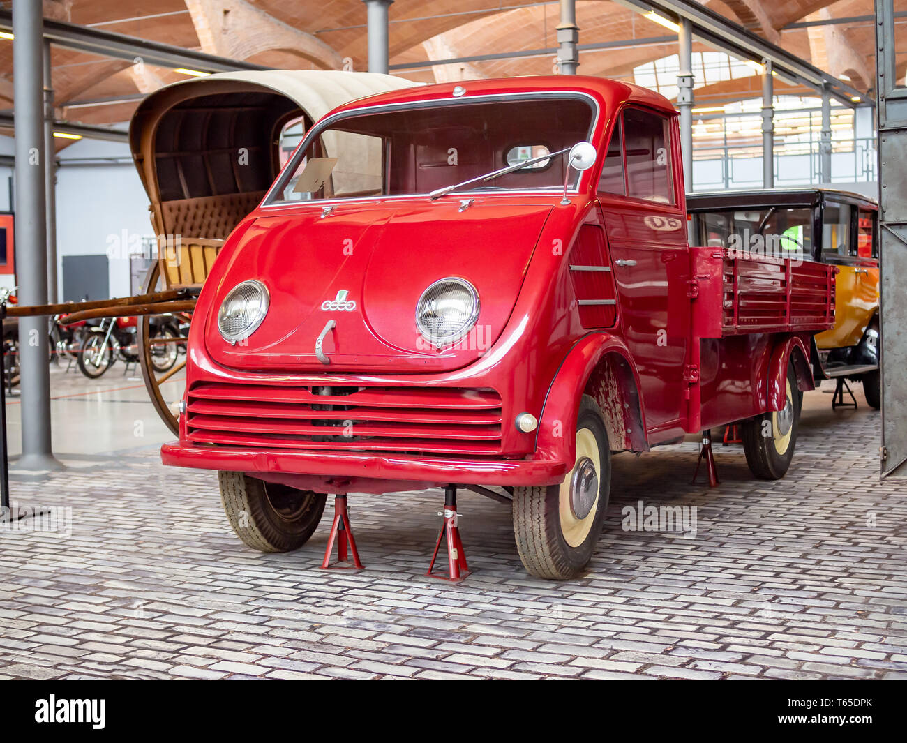 TERRASSA, SPAIN-MARCH 19, 2019: 1955 DKW Auto Union Schnellaster Tieflader 3=6 in the National Museum of Science and Technology of Catalonia Stock Photo