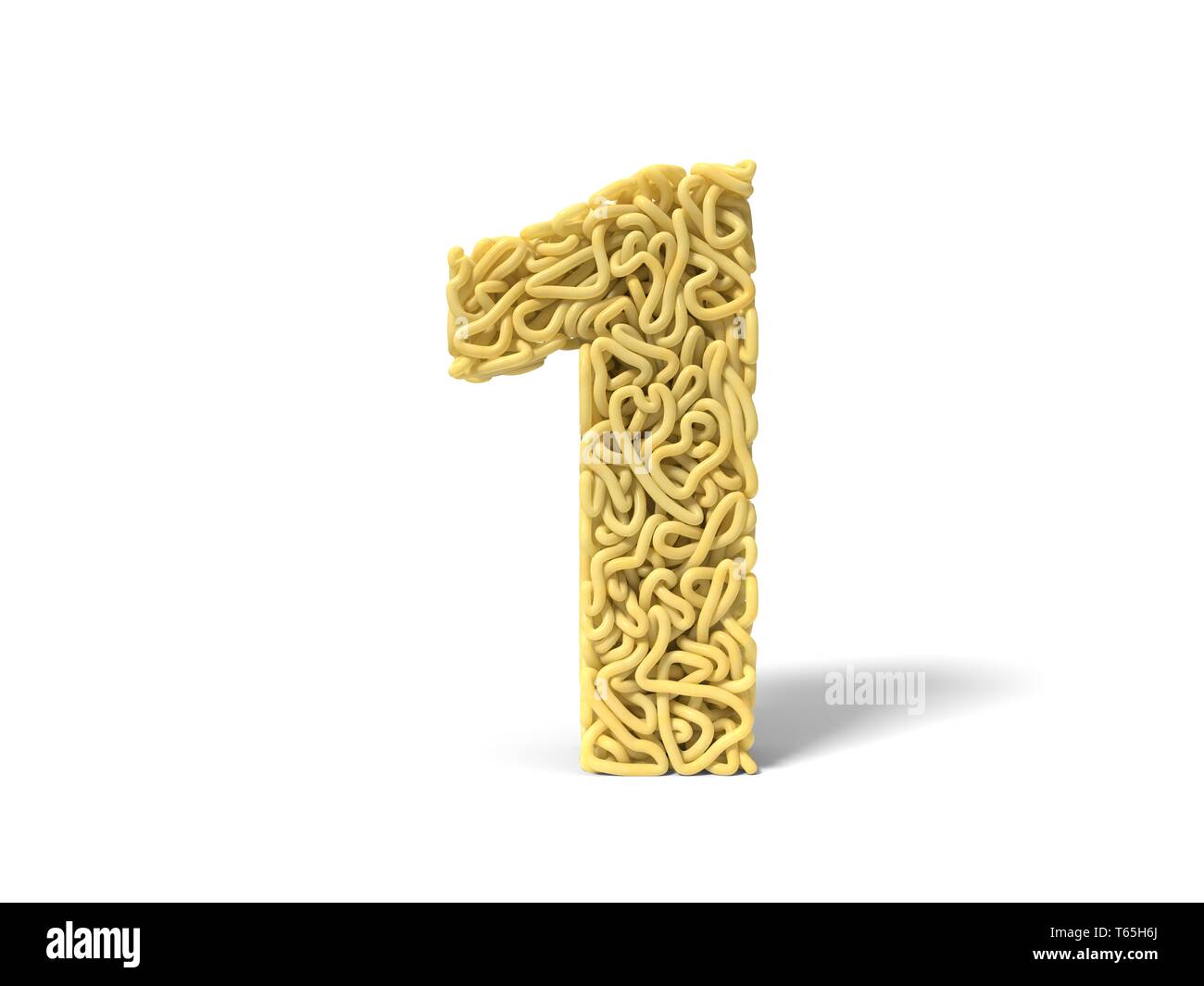 noodle in shape of number 1. curly spaghetti for cooking. 3d