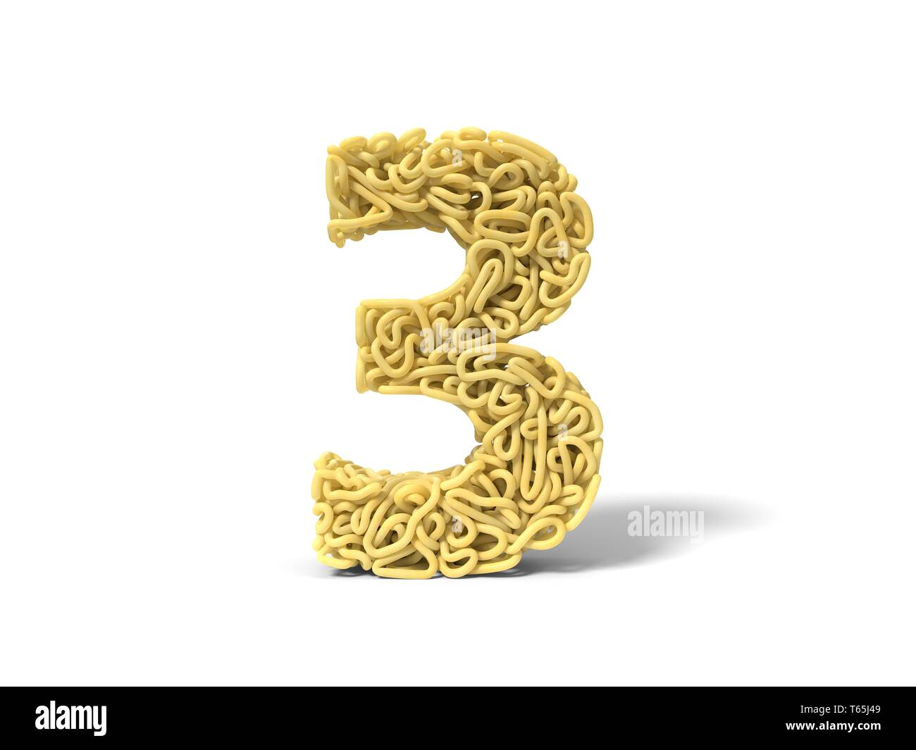 noodle in shape of number 3. curly spaghetti for cooking. 3d