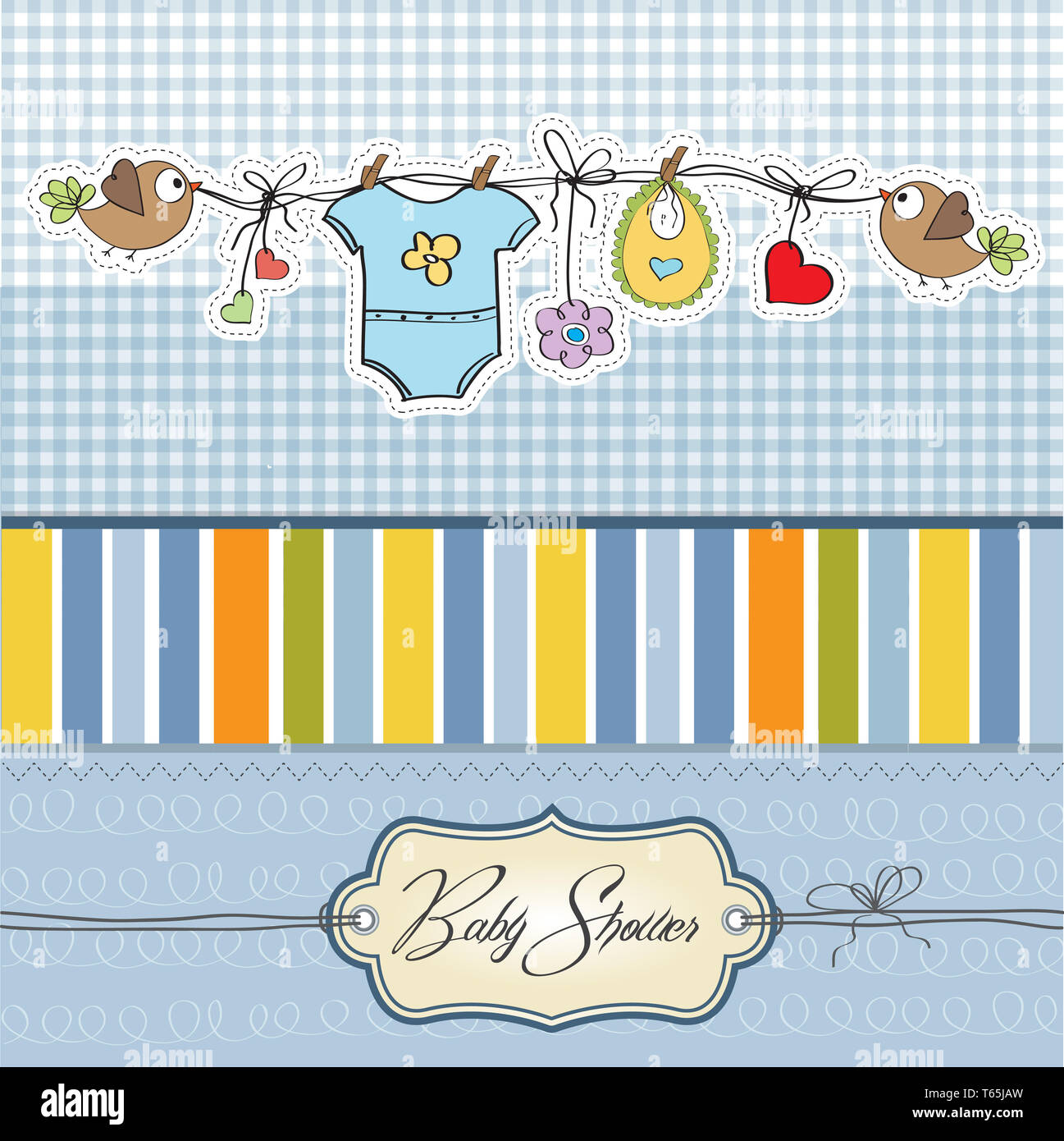 Newborn baby boy blue stroller and teddy bear teether background. Nursery  boy wallpaper design template. Boy elements seamless pattern, wrapping  paper, fabric, texture. Stock Illustration