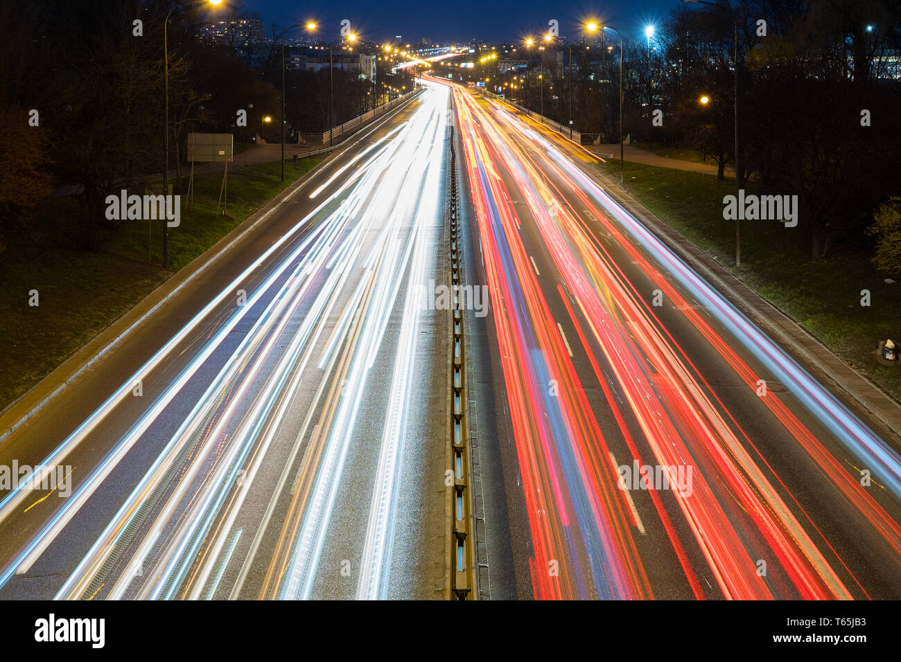 Speed lines from car traffic on the expressway in Warsaw Stock Photo