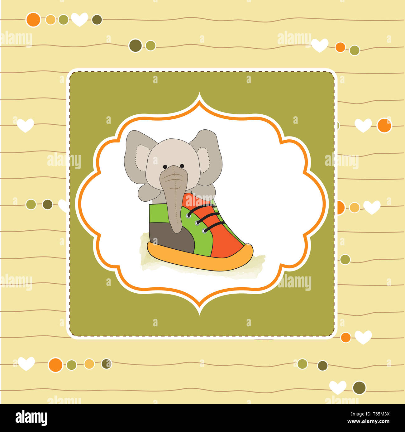 cute greeting card with an elephant hidden in a shoe Stock Photo