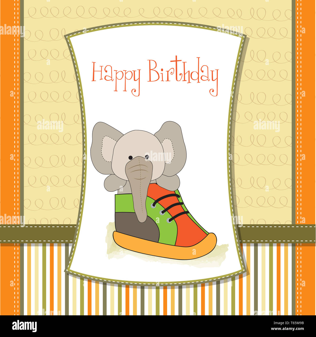 happy birthday card with an elephant hidden in a shoe Stock Photo