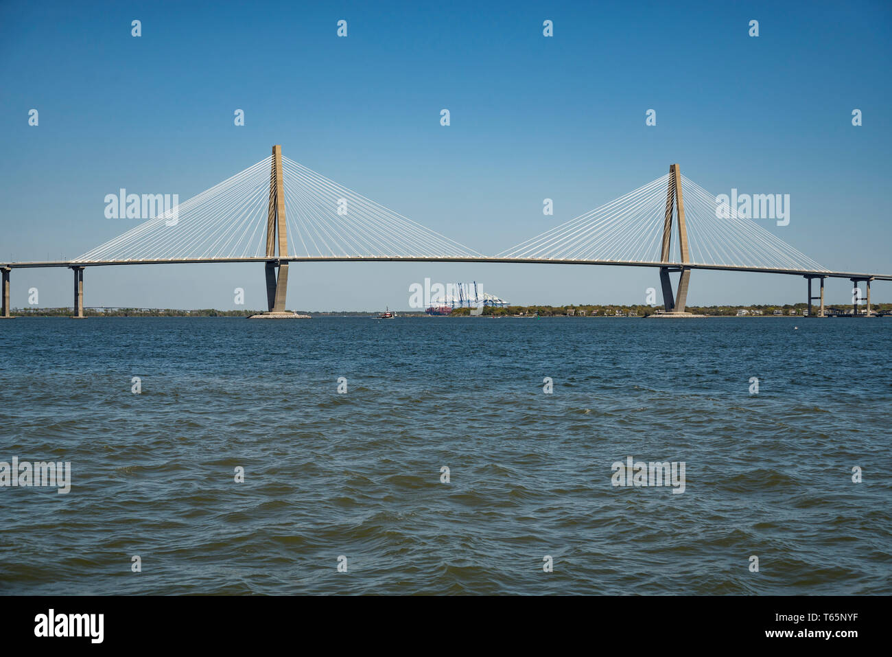 The Ravenel Bridge, as seen from the water, that connects Charleston