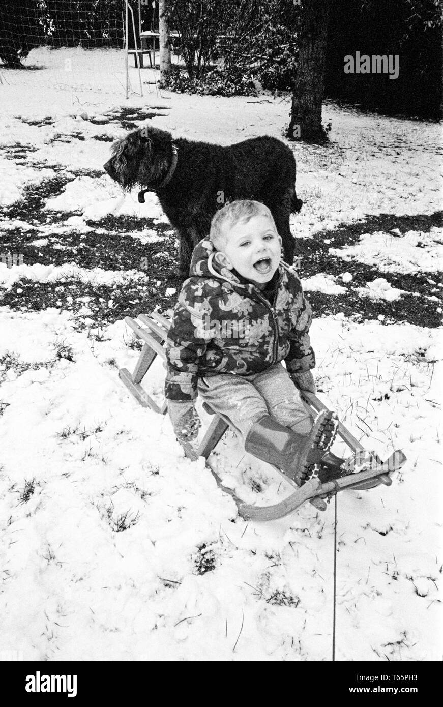 Two year old baby boy in the snow, Medstead, Hampshire, England, United Kingdom. Stock Photo