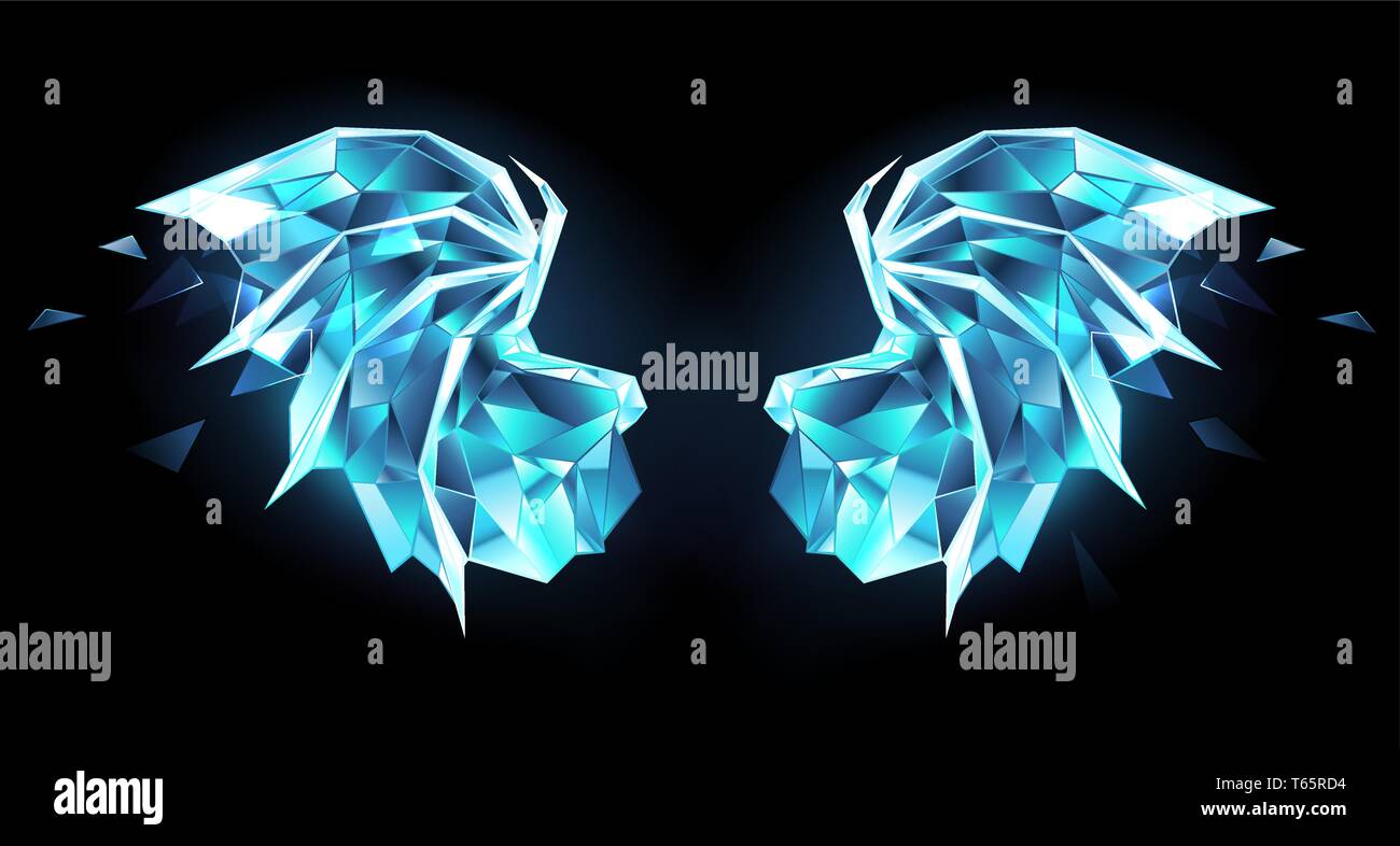 Ice, polygonal, blue, transparent, sparkling dragon wings on black background. Stock Vector