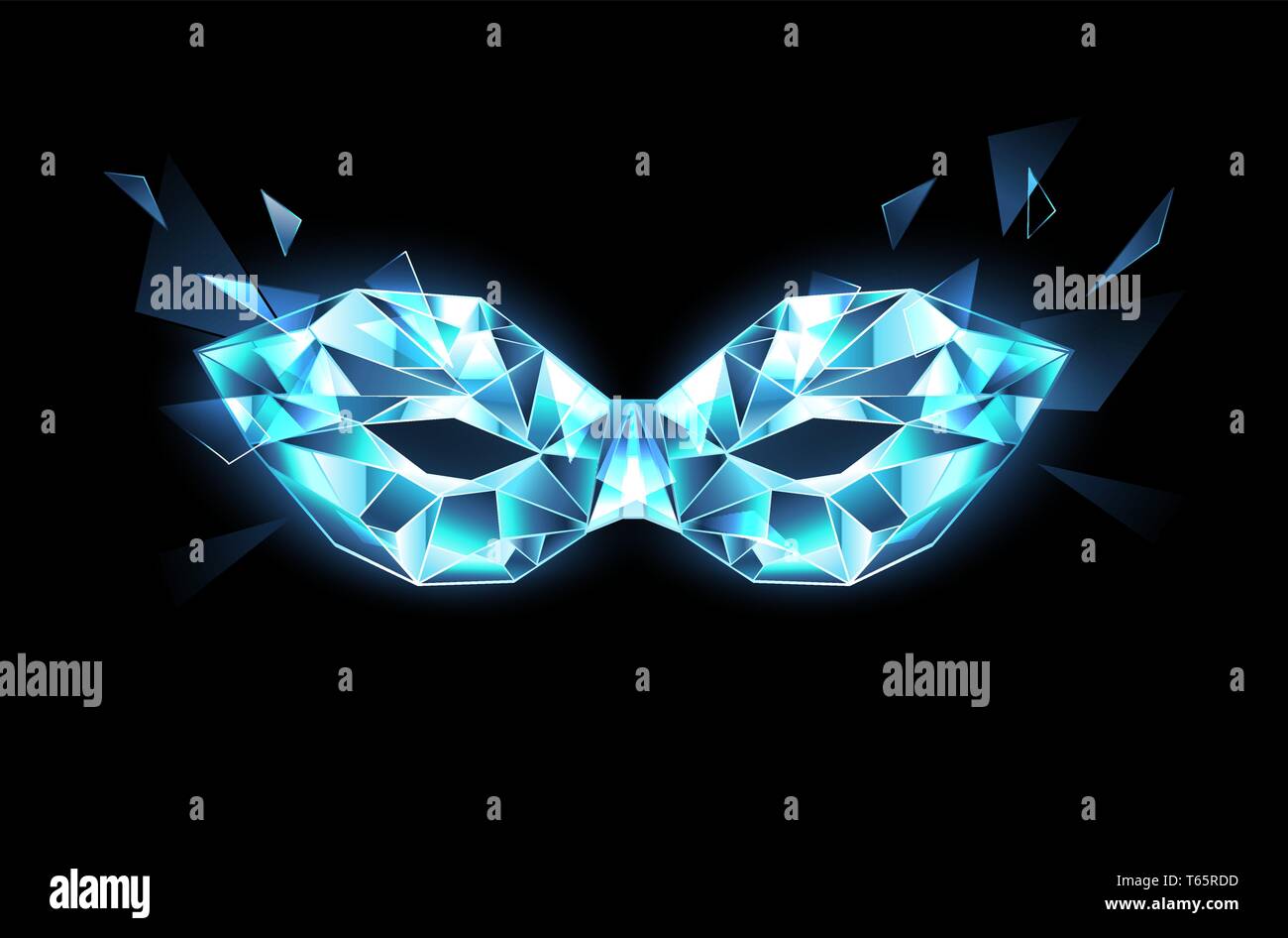 Polygonal mask of blue, transparent, sparkling ice on black background. Stock Vector