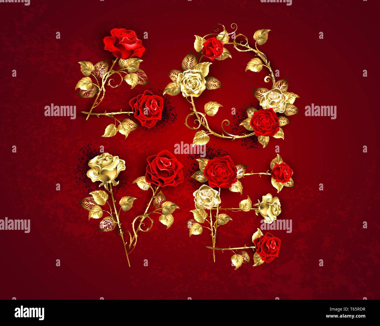 Creative inscription love from jewelry gold and red roses with straight stems on textured background. Stock Vector