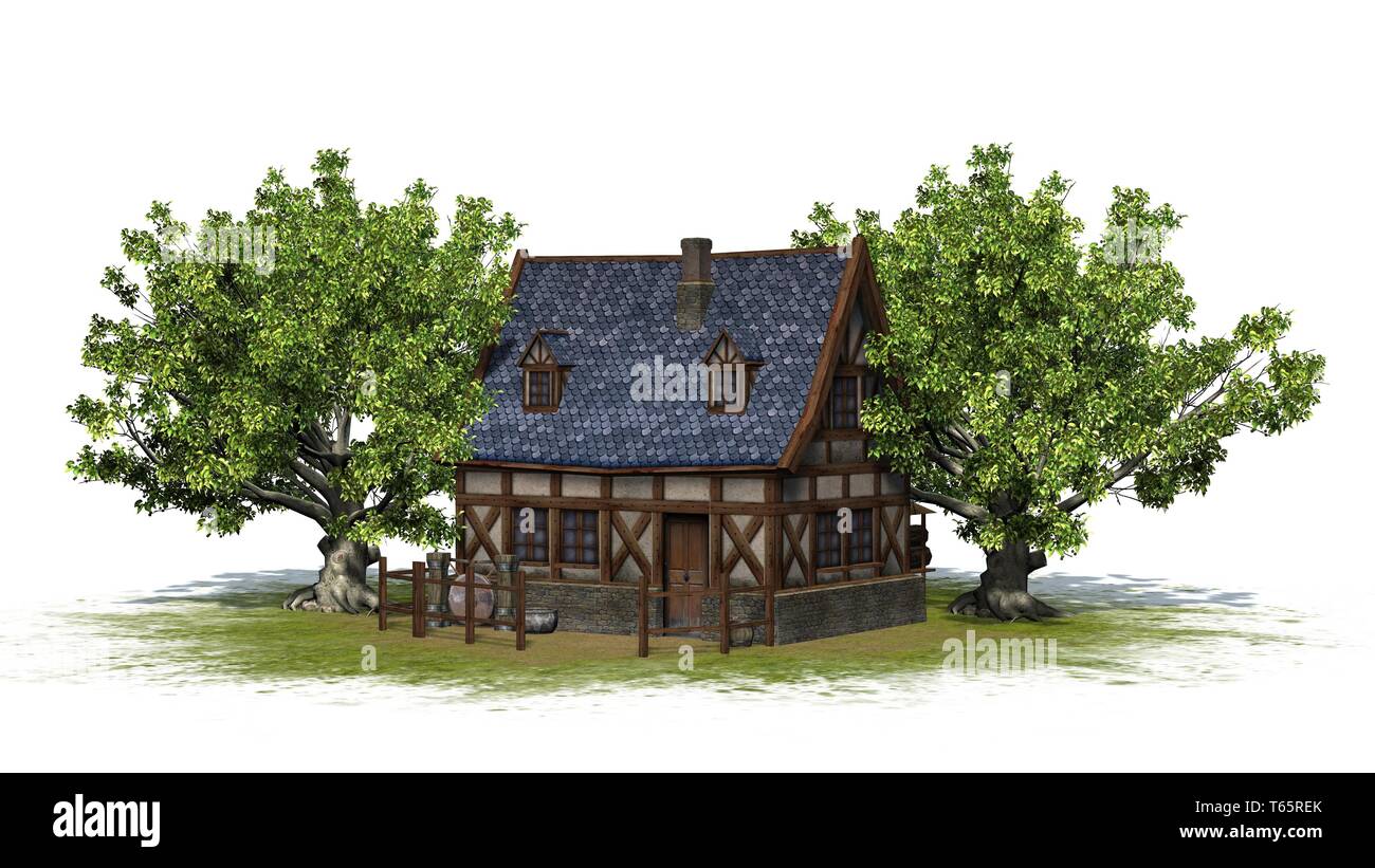 medieval cottage between trees - isolated on white background - 3D illustration Stock Photo