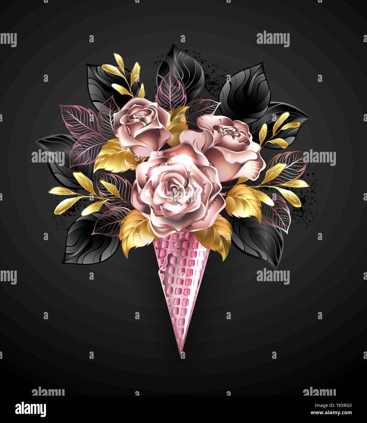 Waffle cones with rose gold roses with black decorative leaves on black background. Stock Vector