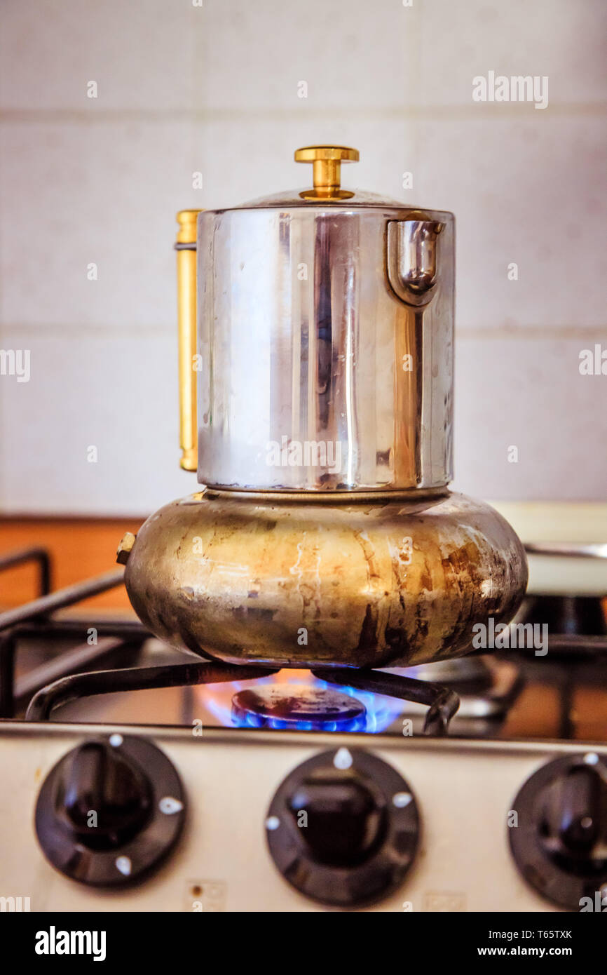 Italian Coffee Cooker On Gas Stove Breakfast Stock Photo