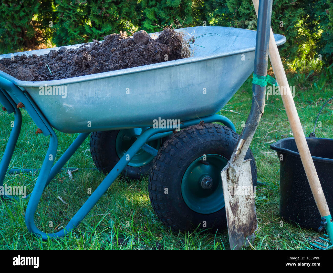 garden cart for planting palnt in the garden with shovel, rake, bucket, gardening concept Stock