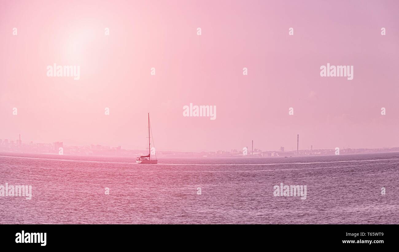 Sailing boat on the calm sea. Pink pastel toned. Fish eye effect. 16:9 panoramic format Stock Photo